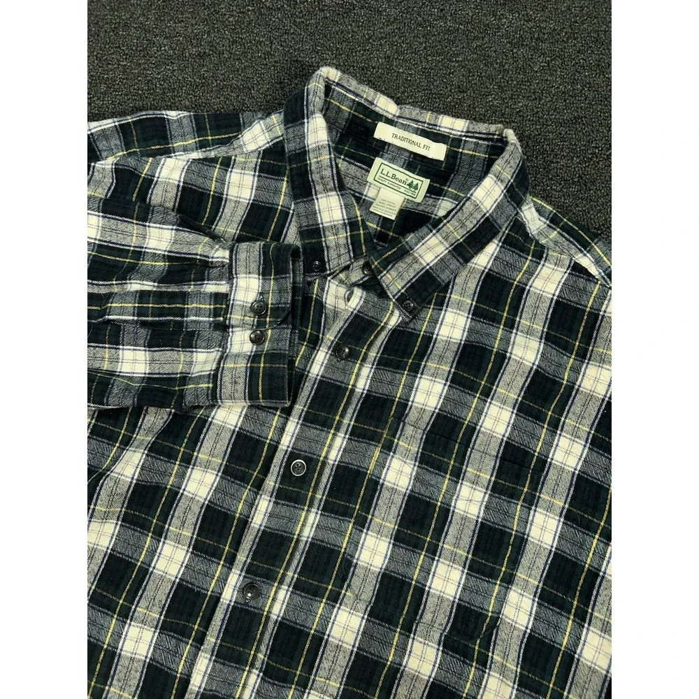 LL Bean Flannel Shirt Men's 2XL Button Down Green Plaid Traditional Fit Gorpcore